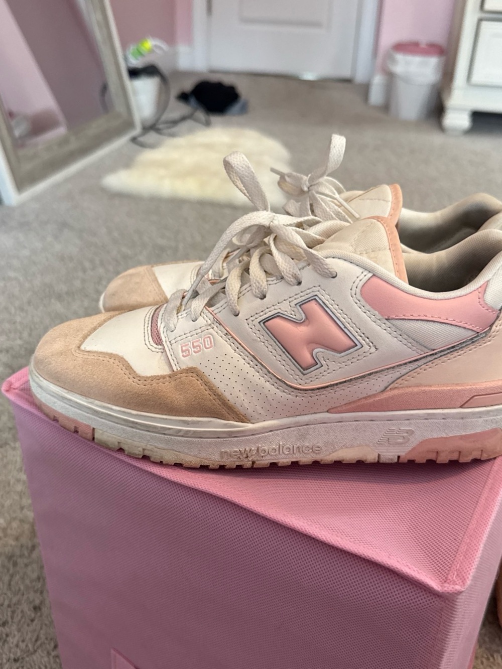 New Balance Women's Cream and Pink 550 Low-Top Sneakers